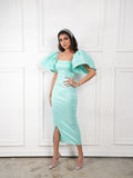 Shiny aqua puffy sleeves dress