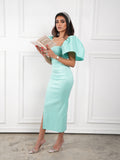 Shiny aqua puffy sleeves dress