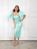 Shiny aqua puffy sleeves dress