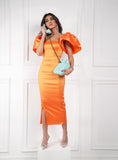 Shiny orange puffy sleeves dress