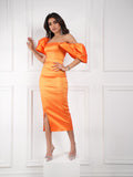 Shiny orange puffy sleeves dress